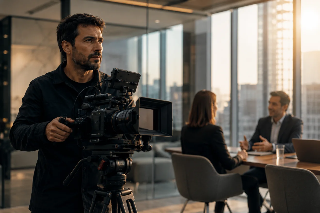 Videomaker operando câmera profissional em ambiente corporativo