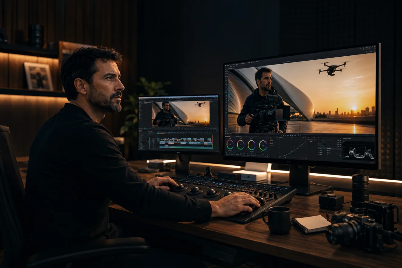 Videomaker editando imagens em ilha de pós-produção
