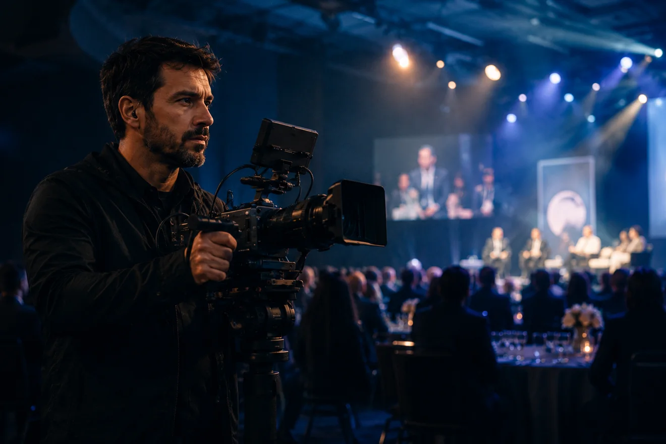 Videomaker captando imagens em evento profissional